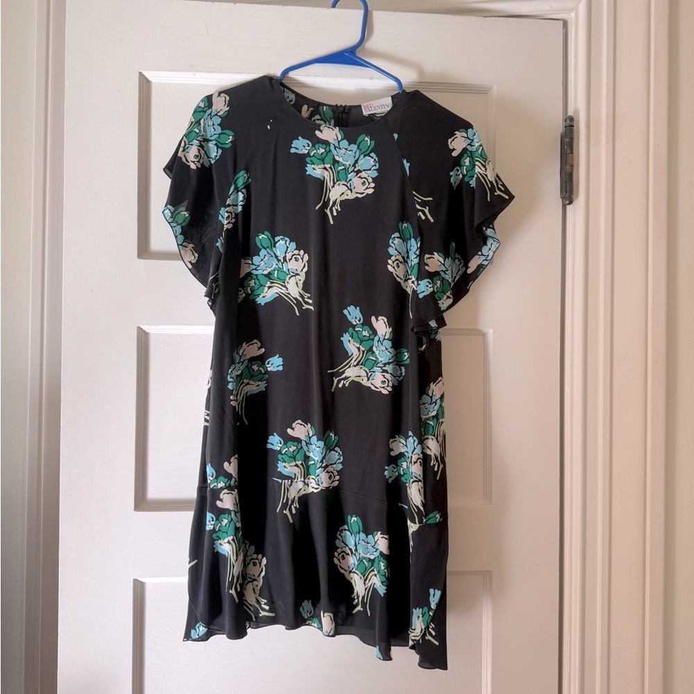 Red Valentino - Floral Black Dress with Green Accents